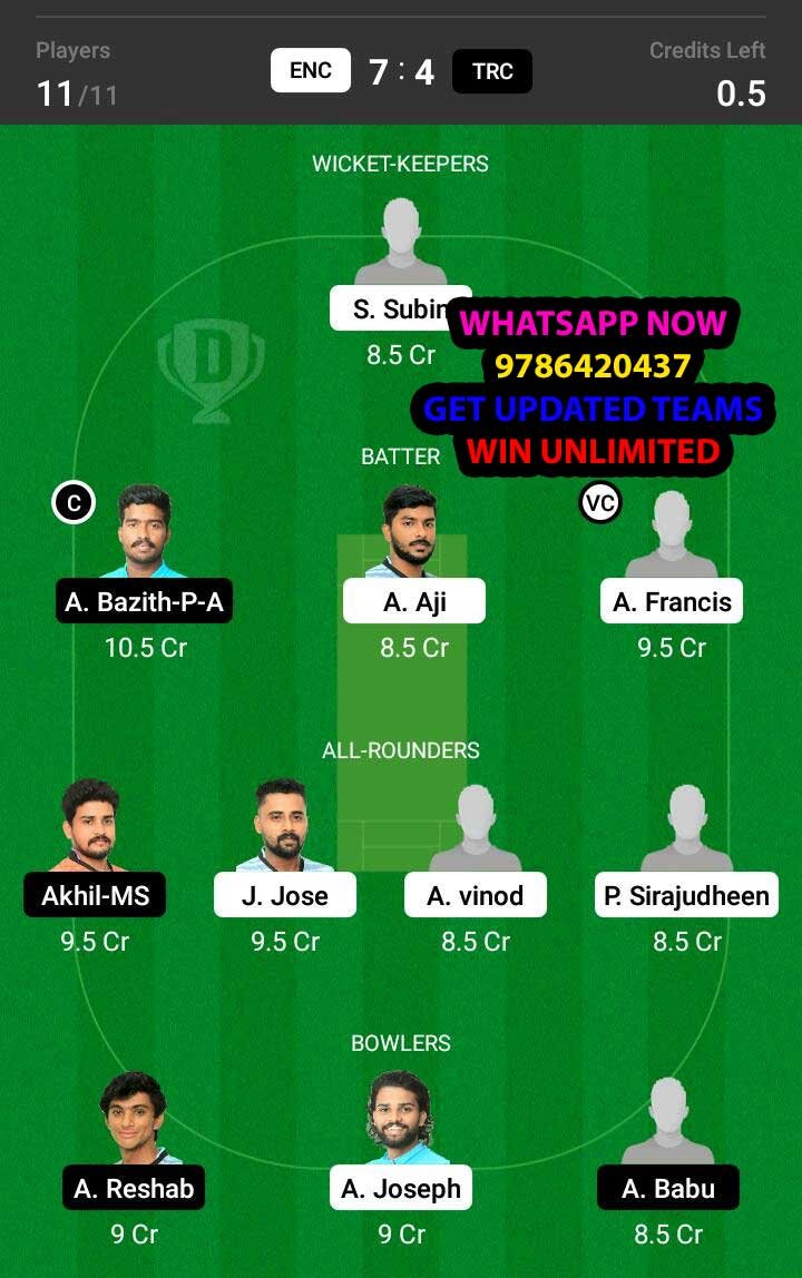 ENC vs TRC 29th Match Dream11 Team fantasy Prediction BYJU'S KCA Club Championship