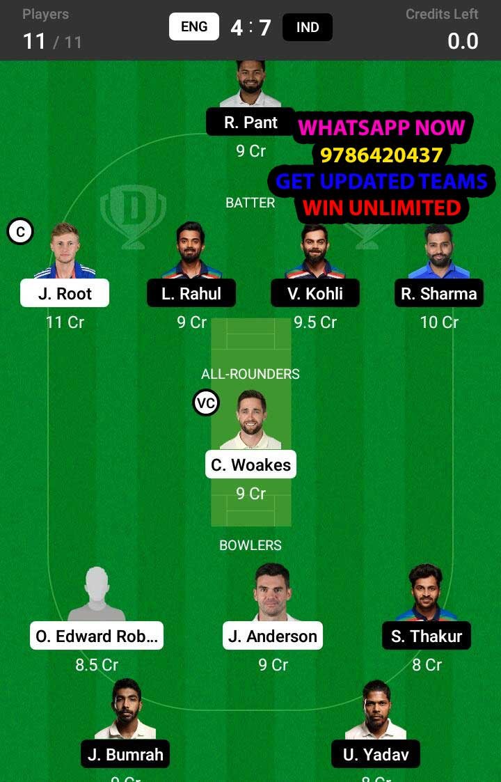 ENG vs IND 5th Test Match Dream11 Team fantasy Prediction India tour of England