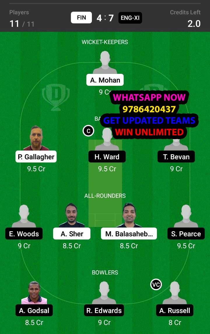 FIN vs ENG-XI 16th Match Dream11 Team fantasy Prediction Dream11 ECC T10