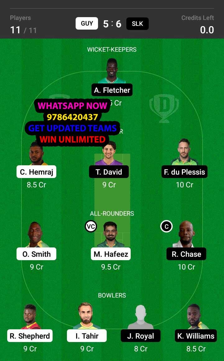 GUY vs SLK 22nd Match Dream11 Team fantasy Prediction Hero CPL T20