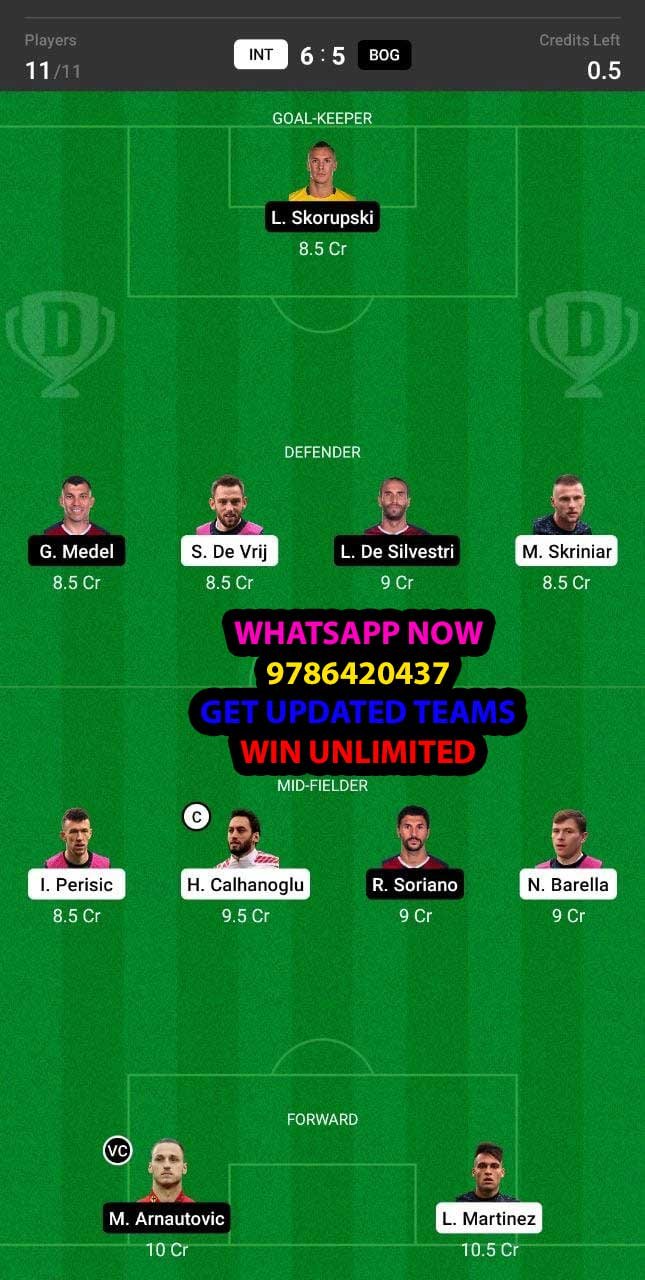 INT vs BOG Dream11 Team fantasy Prediction Serie A