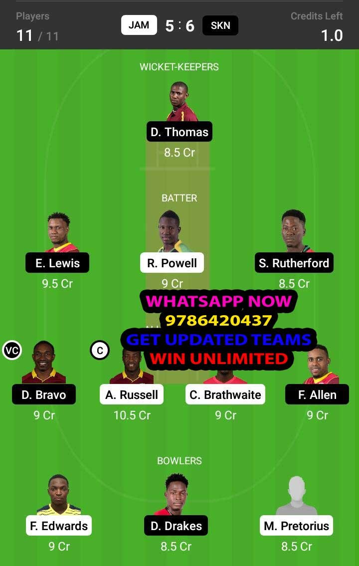 JAM vs SKN 12th Match Dream11 Team fantasy Prediction Hero CPL T20