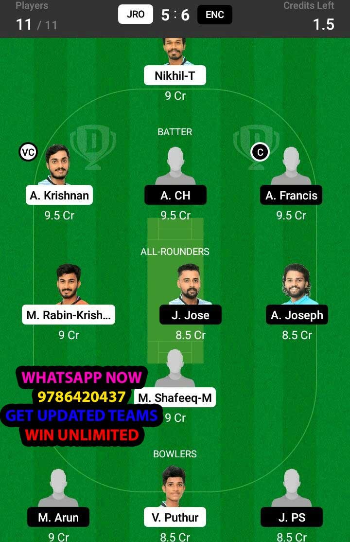 JRO vs ENC 17th Match Dream11 Team fantasy Prediction BYJU'S KCA Club Championship