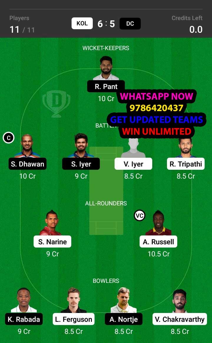 KOL vs DC 41st Match Dream11 Team fantasy Prediction VIVO IPL