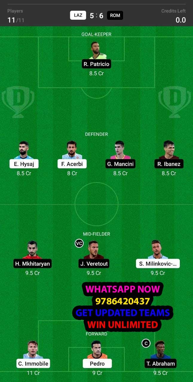 LAZ vs ROM Dream11 Team fantasy Prediction Serie A