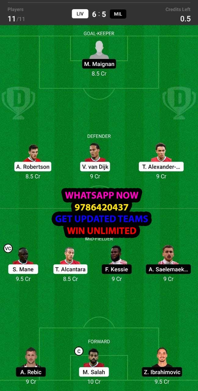 LIV vs MIL Dream11 Team fantasy Prediction Champions League