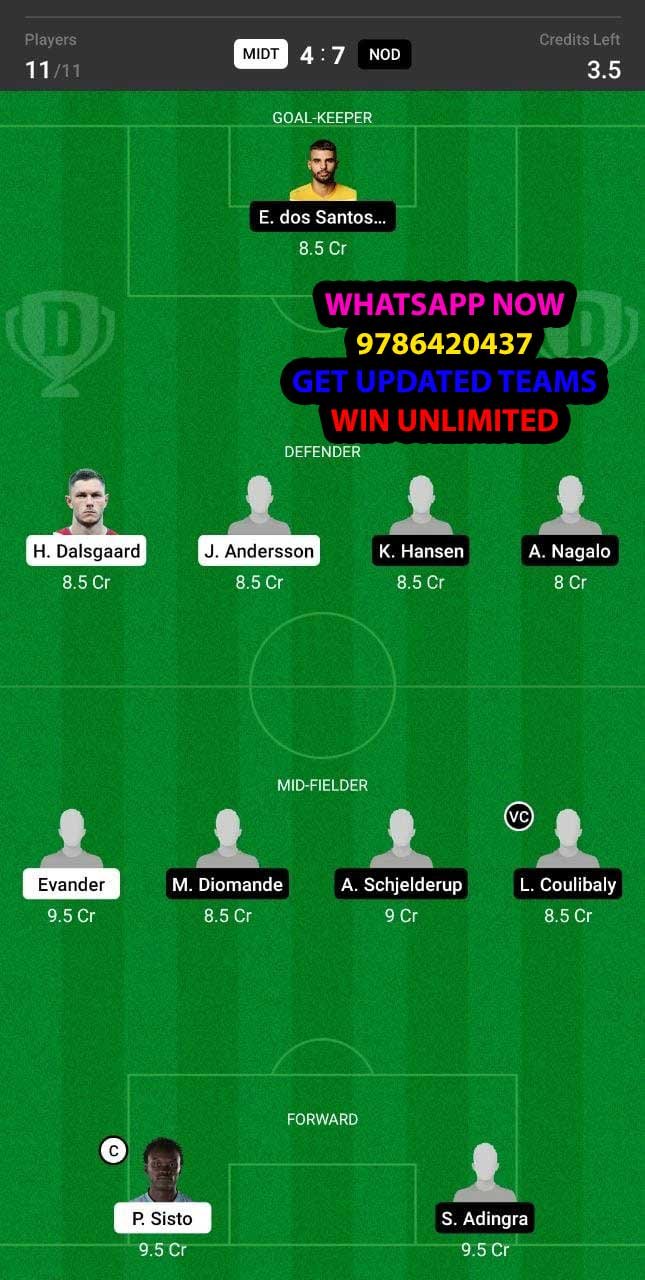 MIDT vs NOD Dream11 Team fantasy Prediction Danish Premier League