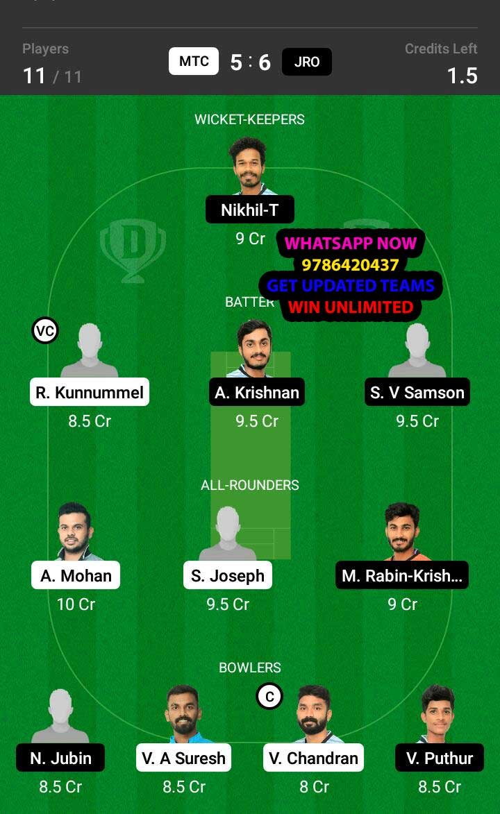 MTC vs JRO 20th Match Dream11 Team fantasy Prediction BYJU'S KCA Club Championship