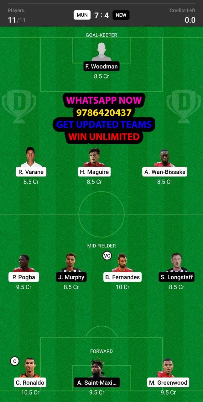 MUN vs NEW Dream11 Team fantasy Prediction Premier League