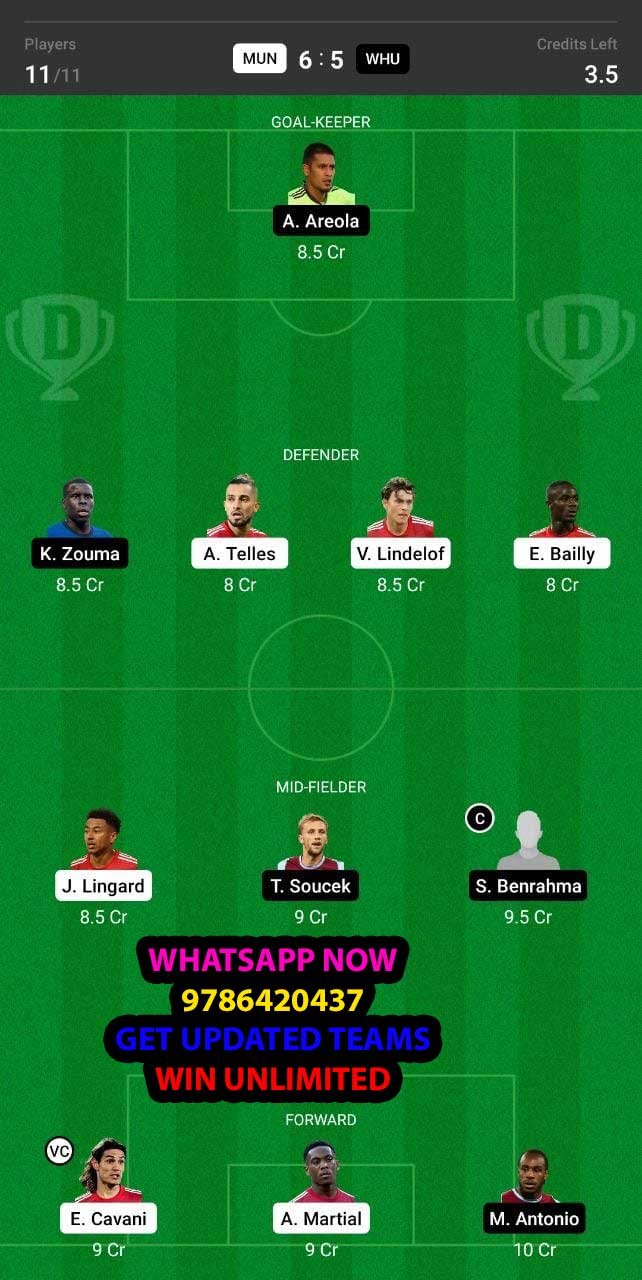 MUN vs WHU Dream11 Team fantasy Prediction English League Cup