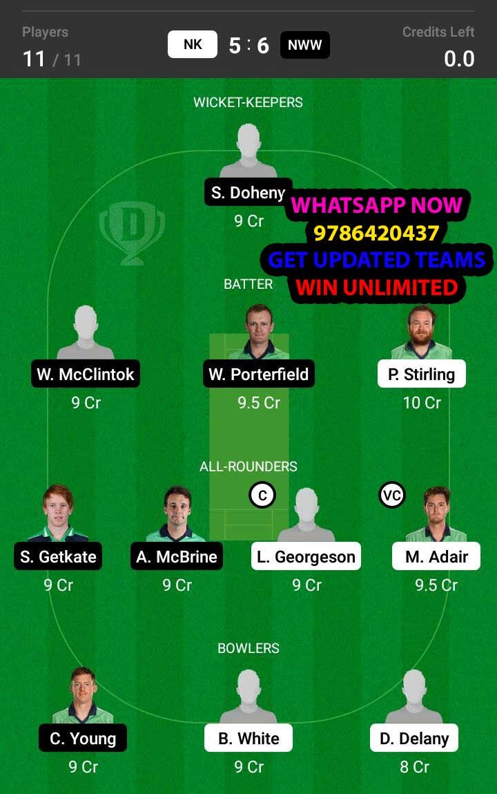 NK vs NWW 13th Match Dream11 Team fantasy Prediction Ireland Inter-Provincial T20