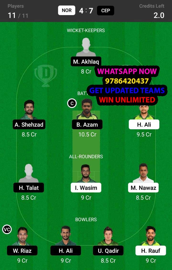 NOR vs CEP 11th Match Dream11 Team fantasy Prediction National T20 Cup