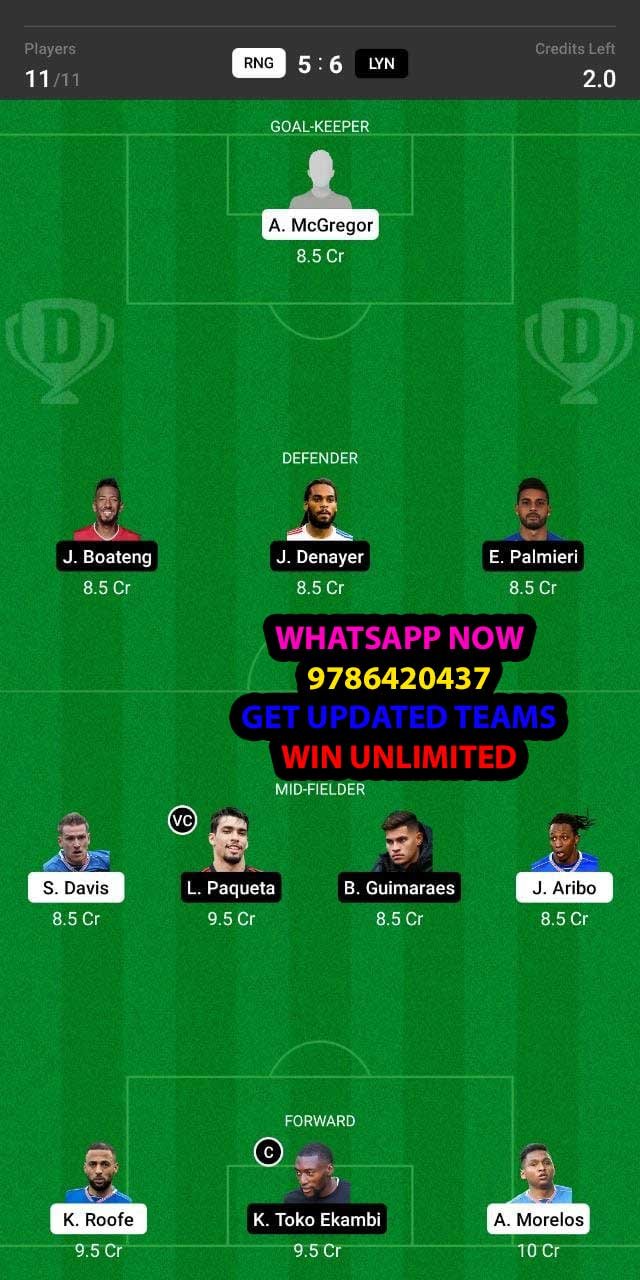 RNG vs LYN Dream11 Team fantasy Prediction Europa League