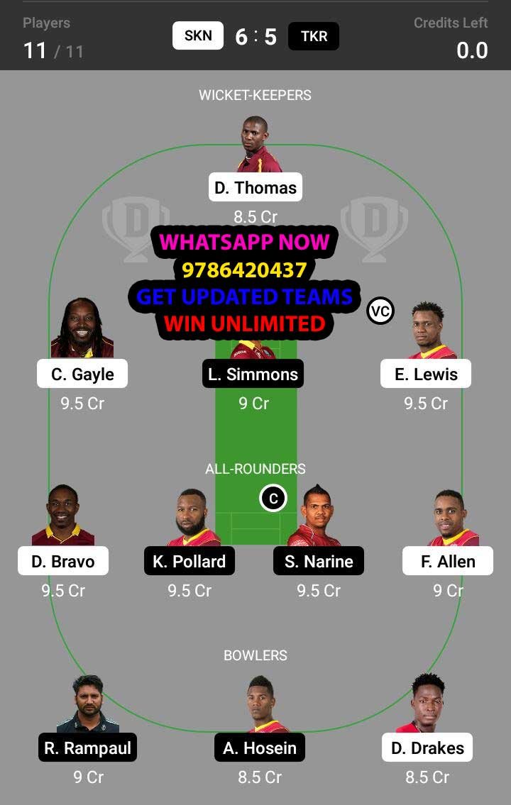 SKN vs TKR 30th Match Dream11 Team fantasy Prediction Hero CPL T20