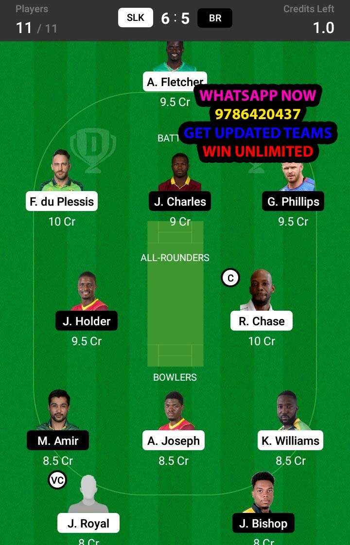 SLK vs BR 25th Match Dream11 Team fantasy Prediction Hero CPL T20