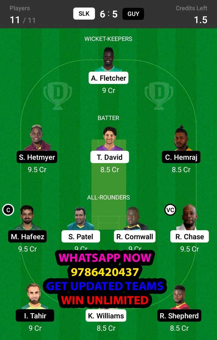 SLK vs GUY 13th Match Dream11 Team fantasy Prediction Hero CPL T20