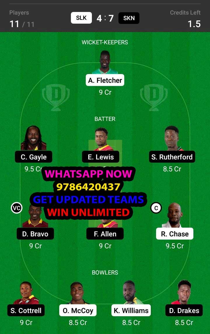 SLK vs SKN 15th Match Dream11 Team fantasy Prediction Hero CPL T20