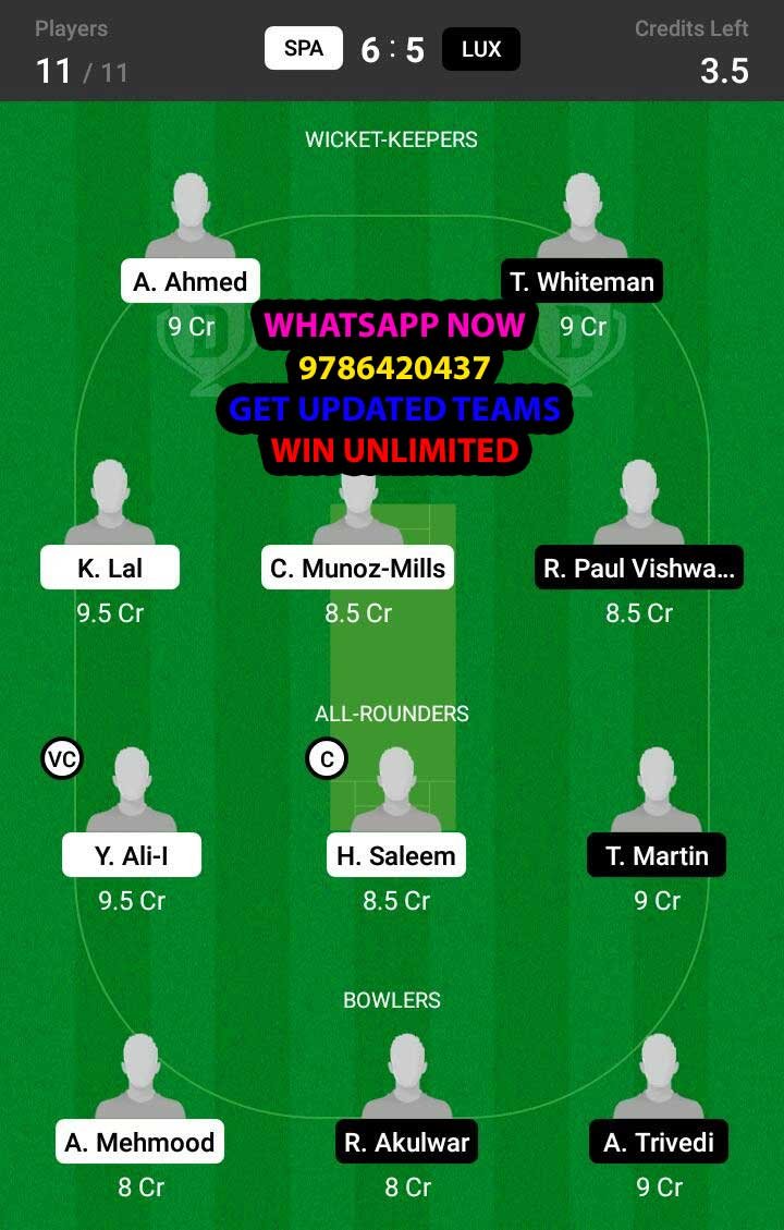 SPA vs LUX 11th Match Dream11 Team fantasy Prediction Dream11 ECC T10