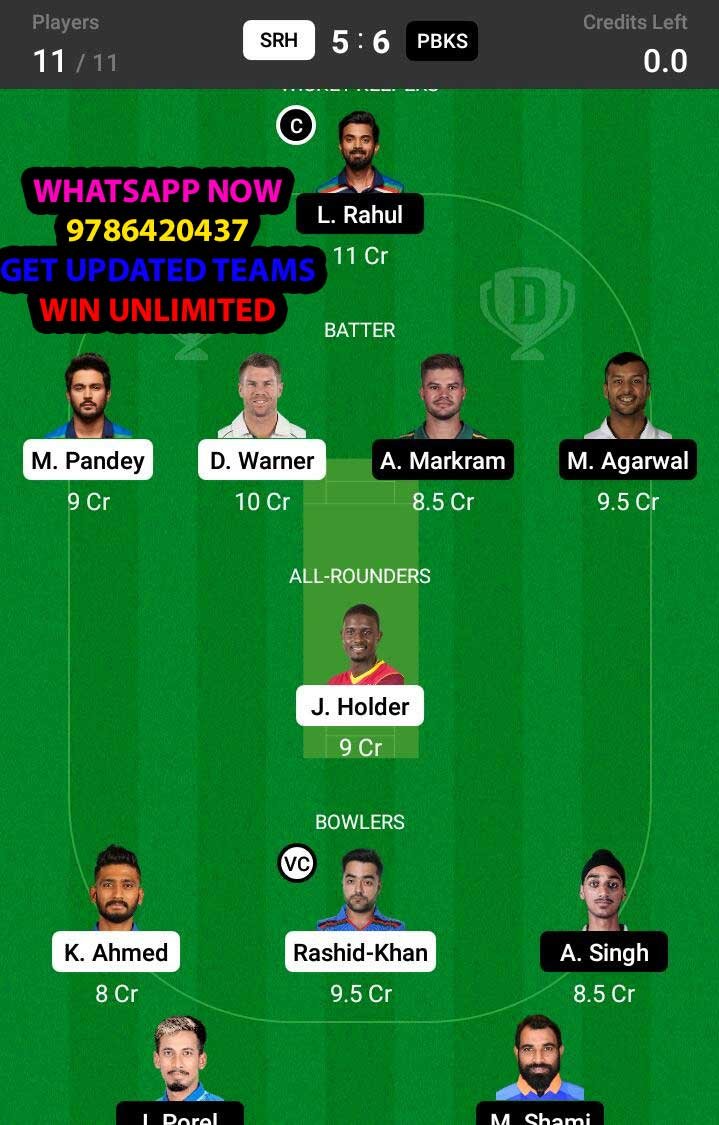 SRH vs PBKS 37th Match Dream11 Team fantasy Prediction VIVO IPL