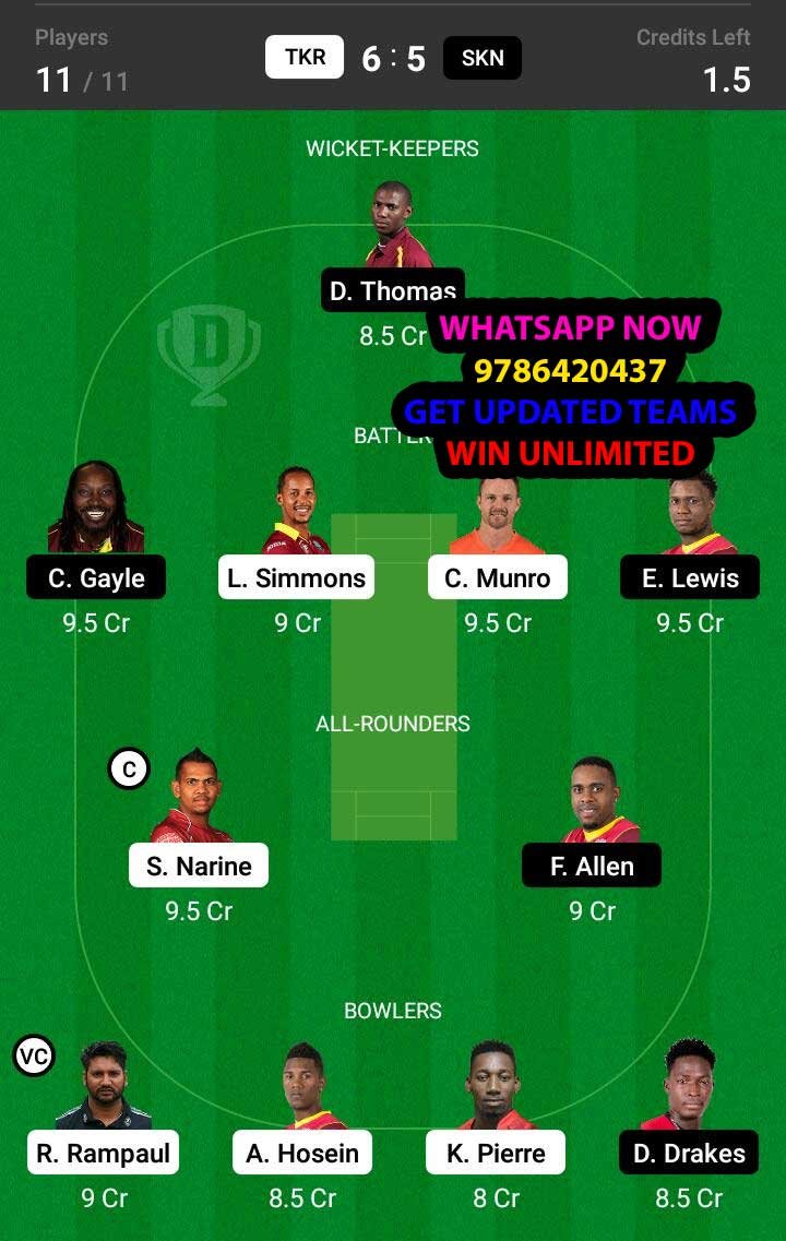 TKR vs SKN 27th Match Dream11 Team fantasy Prediction Hero CPL T20