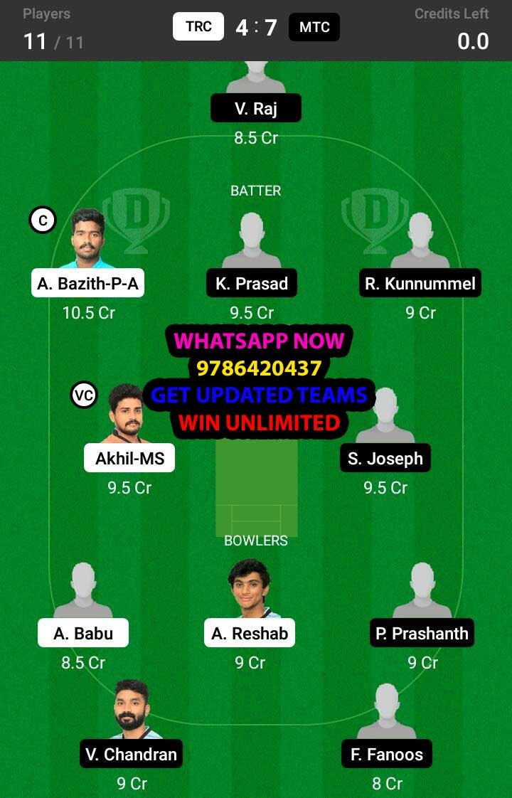 TRC vs MTC 27th Match Dream11 Team fantasy Prediction BYJU'S KCA Club Championship