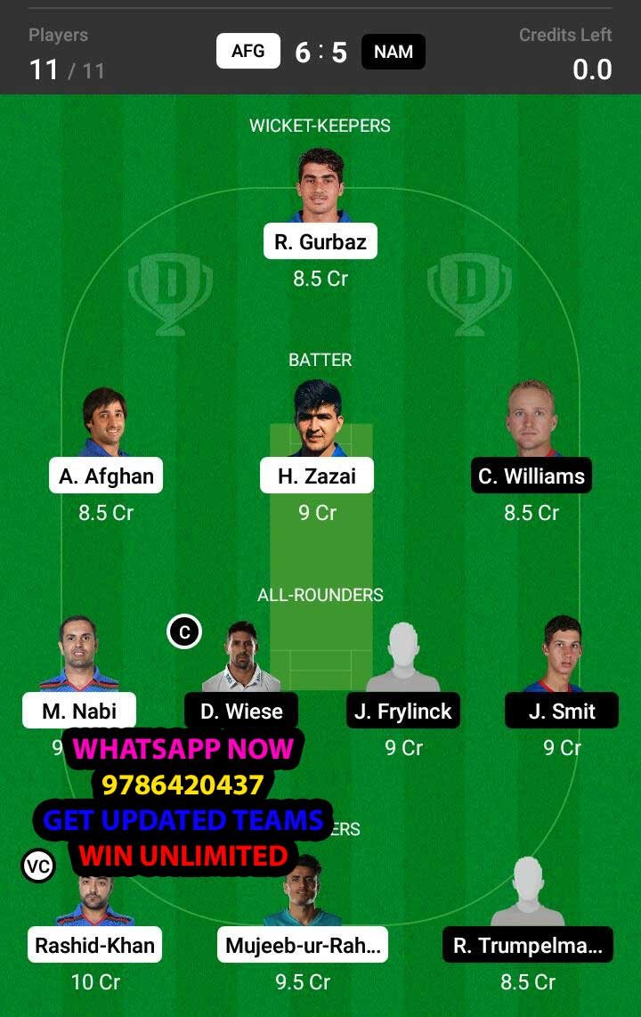 AFG vs NAM 27th Match Dream11 Team fantasy Prediction ICC Men's T20 World Cup