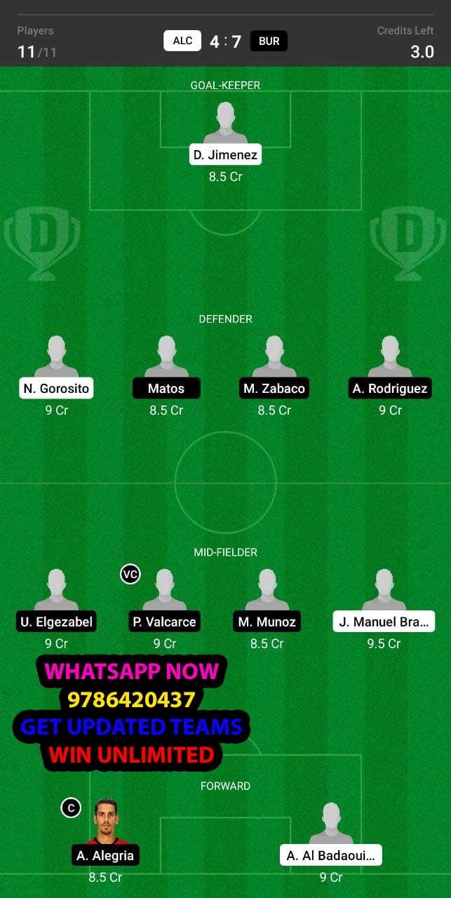 ALC vs BUR Dream11 Team fantasy Prediction LaLiga 2