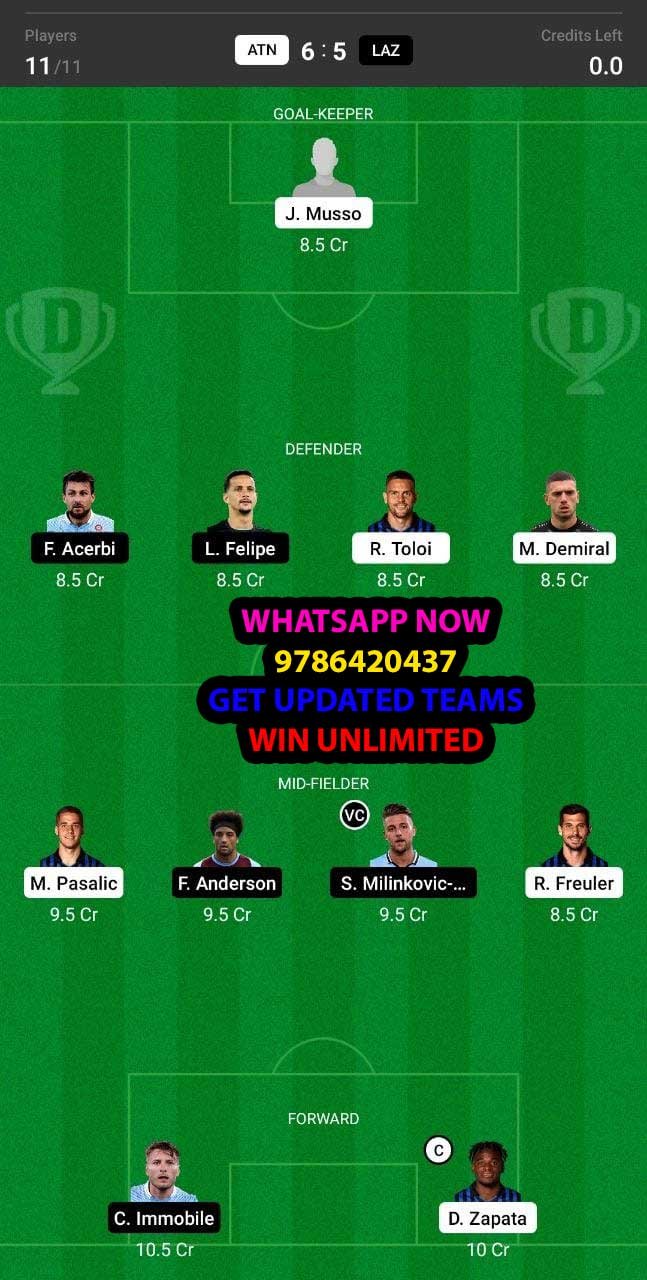 ATN vs LAZ Dream11 Team fantasy Prediction Serie A