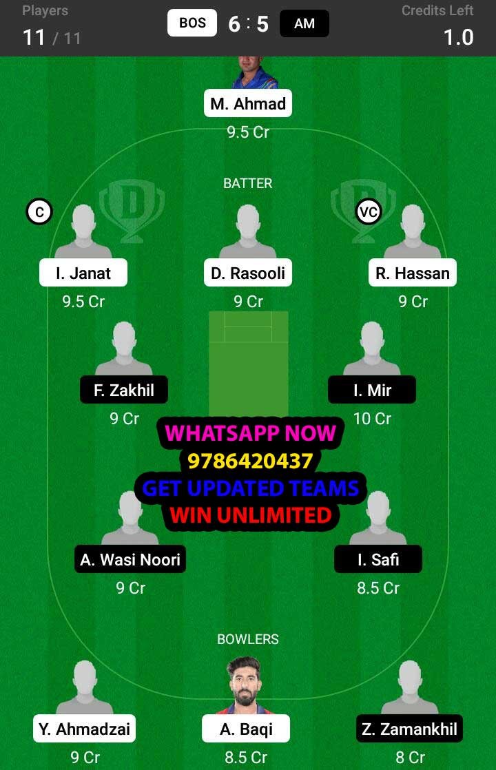 BOS vs AM 7th Match Dream11 Team fantasy Prediction Afghanistan One Day Tournament