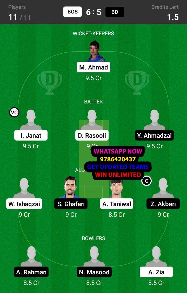 BOS vs BD 10th Match Dream11 Team fantasy Prediction Afghanistan One Day Tournament