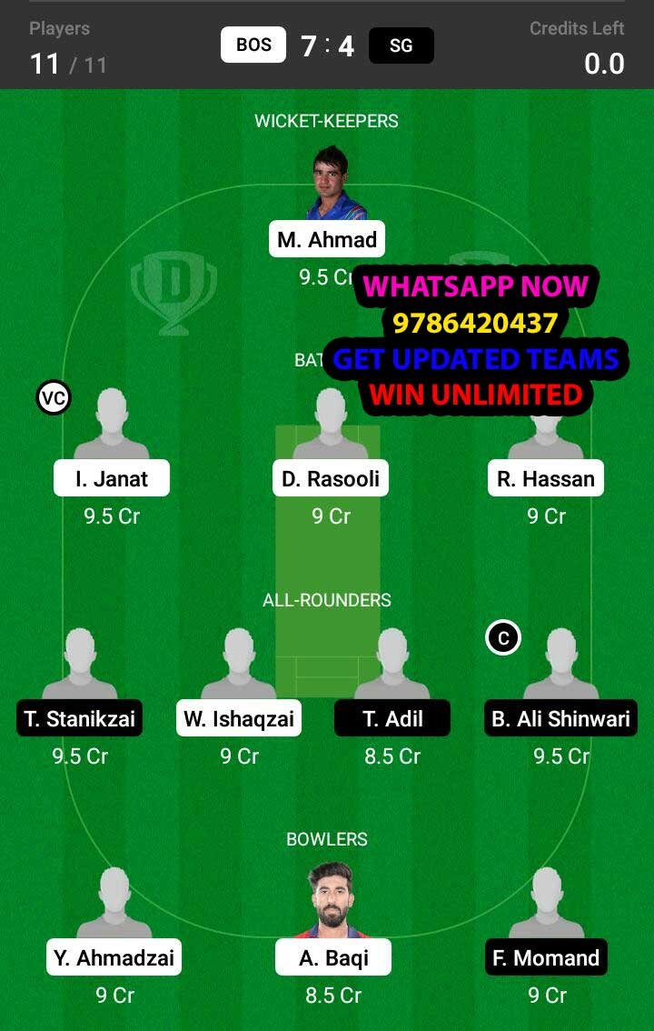 BOS vs SG 4th Match Dream11 Team fantasy Prediction Afghanistan One Day Tournament