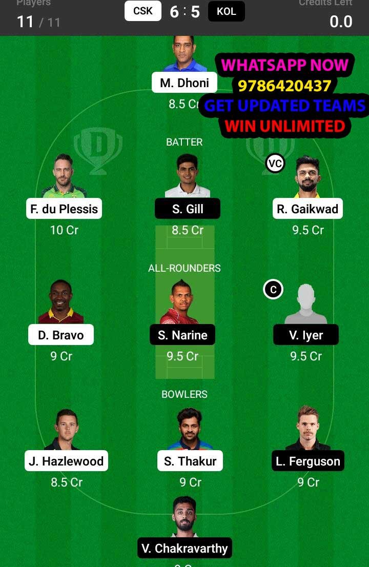 CSK vs KOL Final Match Dream11 Team fantasy Prediction VIVO IPL