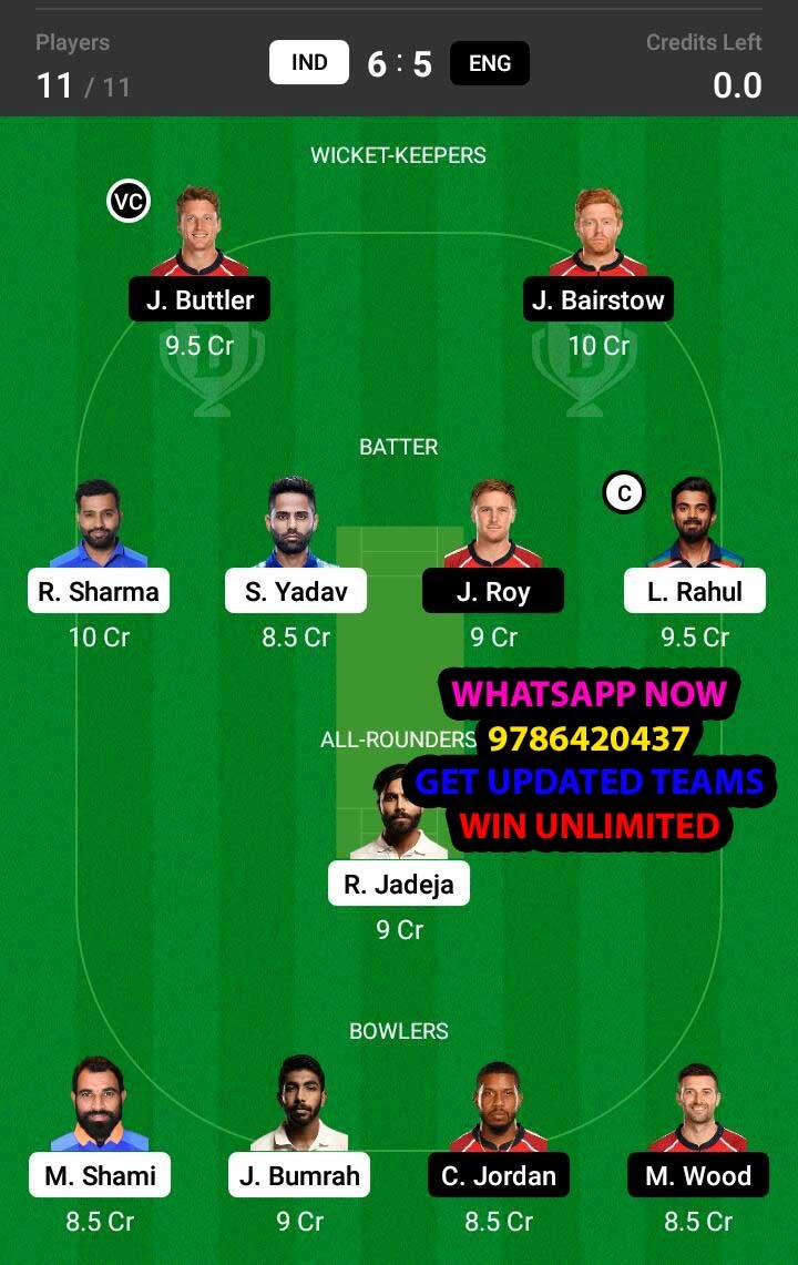 IND vs ENG 16th Match Dream11 Team fantasy Prediction World Cup T20 Warm up