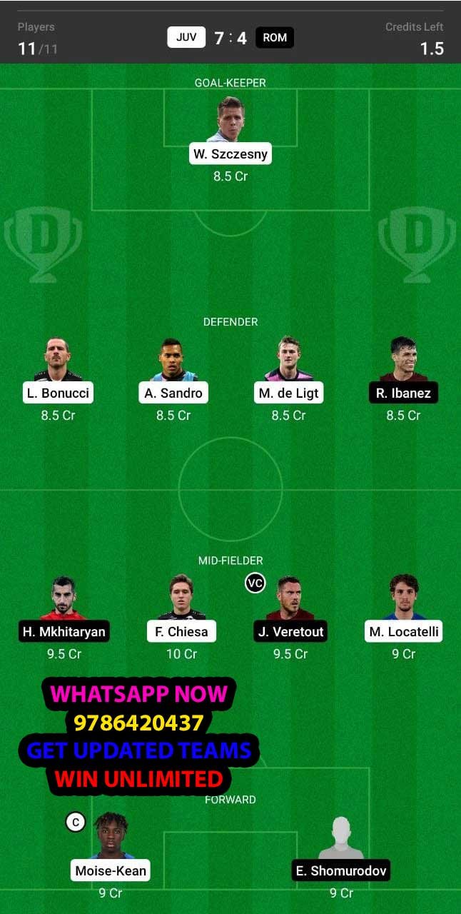 JUV vs ROM Dream11 Team fantasy Prediction Serie A