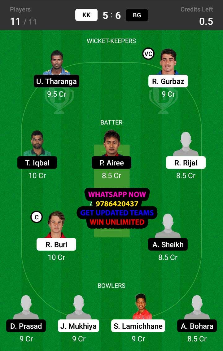 KK vs BG 16th Match Dream11 Team fantasy Prediction Everest Premier League T20