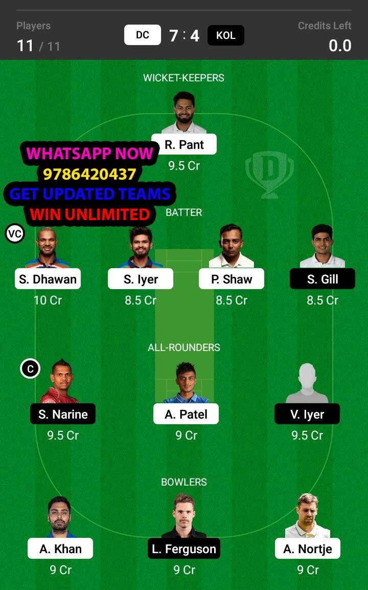 KOL vs DC Qualifier Match Dream11 Team fantasy Prediction VIVO IPL