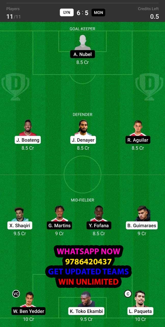 LYN vs MON Dream11 Team fantasy Prediction Ligue 1