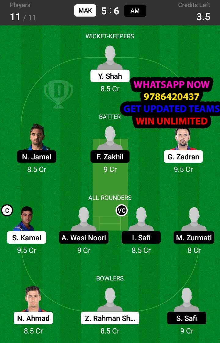 MAK vs AM 9th Match Dream11 Team fantasy Prediction Afghanistan One Day Tournament