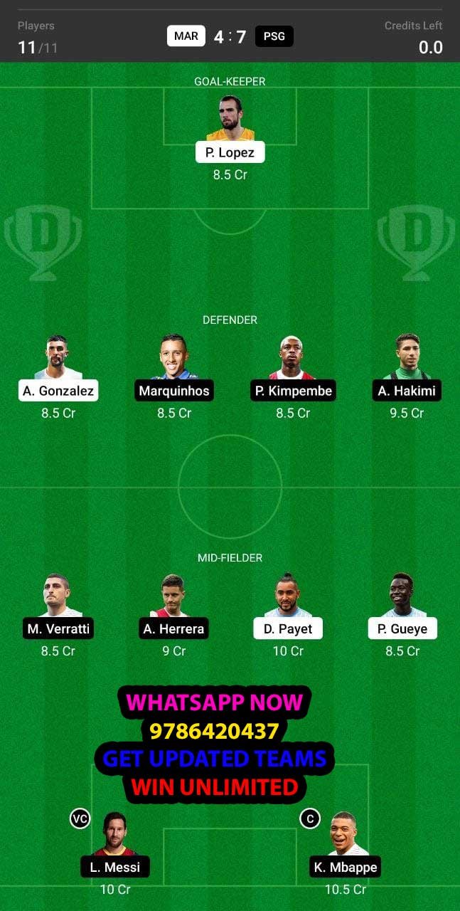 MAR vs PSG Dream11 Team fantasy Prediction Ligue 1