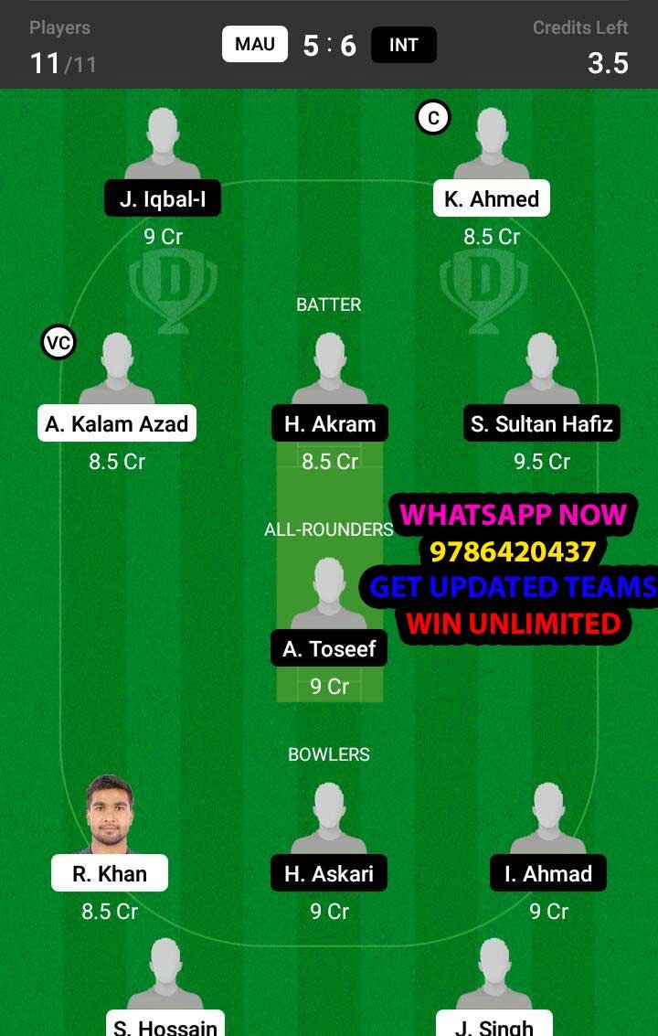 MAU vs INT 5th Match Dream11 Team fantasy Prediction FanCode ECS T10 L'Alfas del Pi