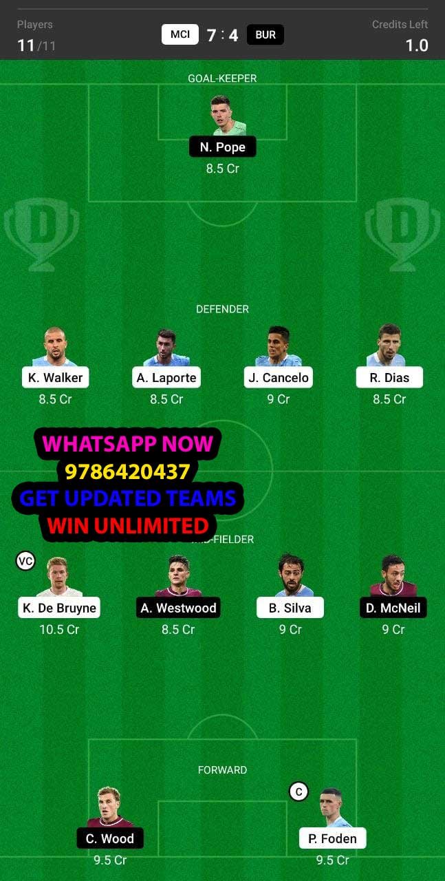 MCI vs BUR Dream11 Team fantasy Prediction Premier League