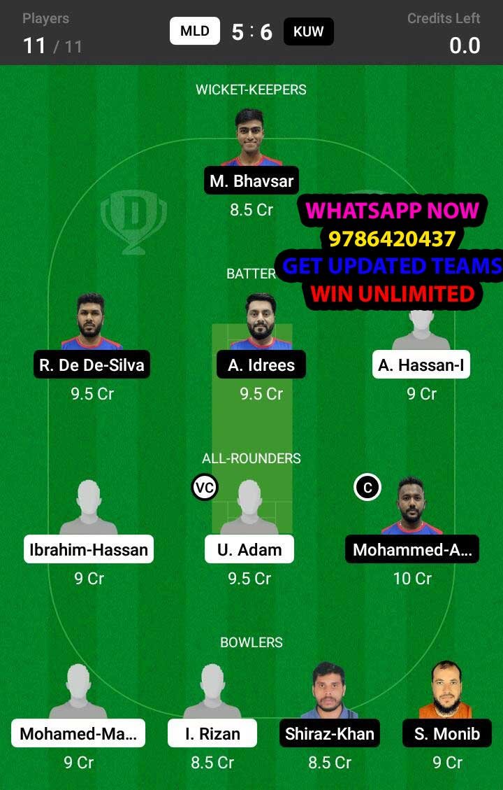 MLD vs KUW 8th Match Dream11 Team fantasy Prediction Men's T20 WC Asia A Qualifier