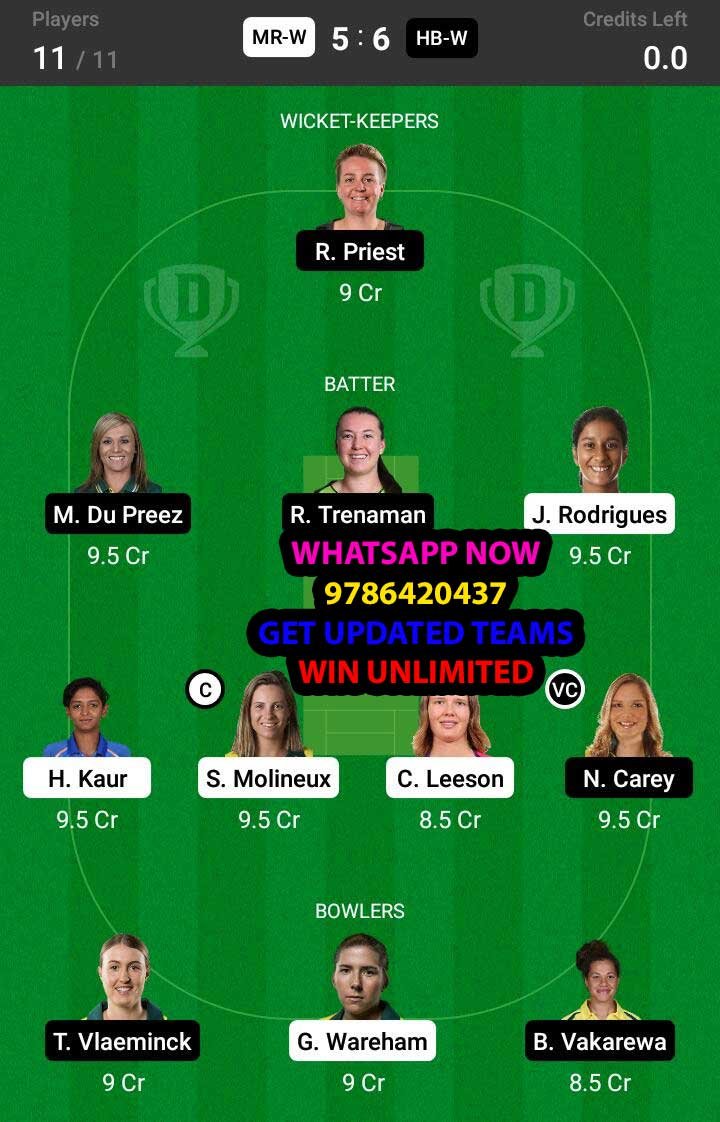 MR-W vs HB-W 2nd Match Dream11 Team fantasy Prediction Women's Big Bash T20