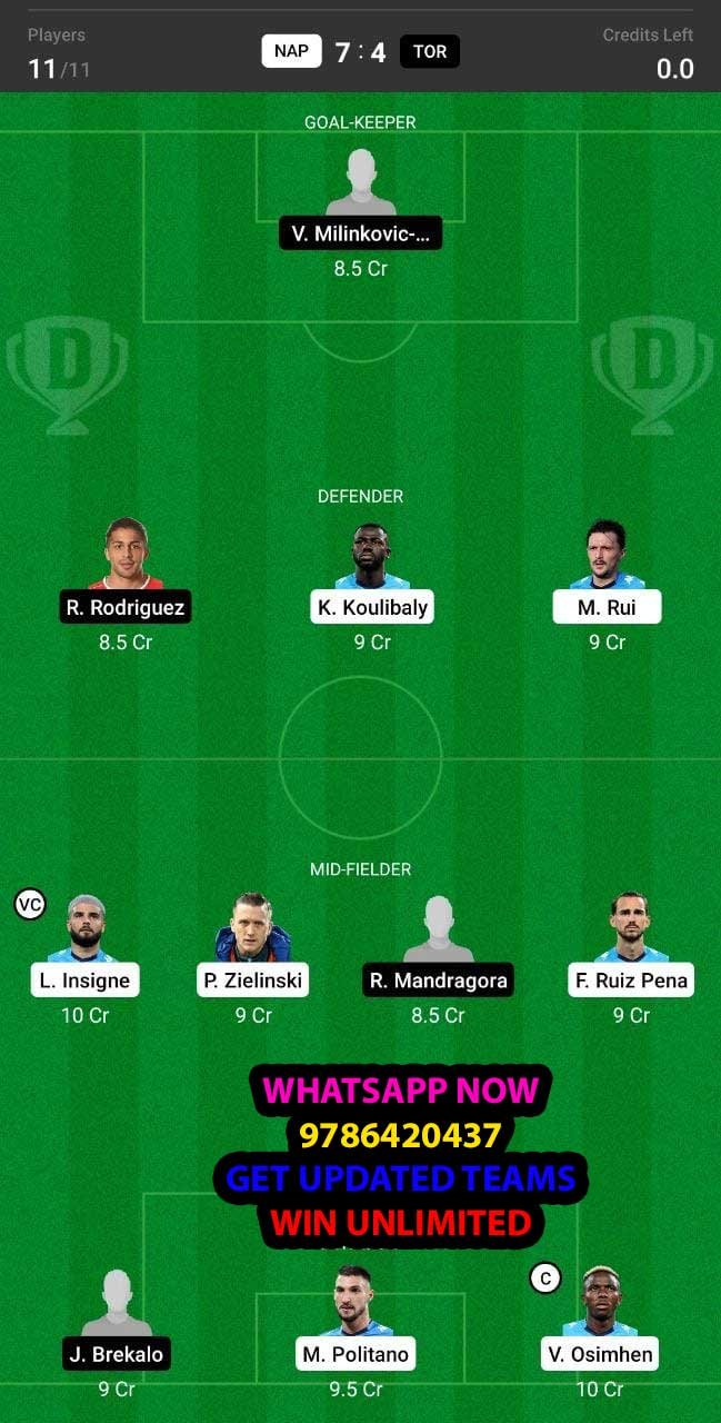 NAP vs TOR Dream11 Team fantasy Prediction Serie A