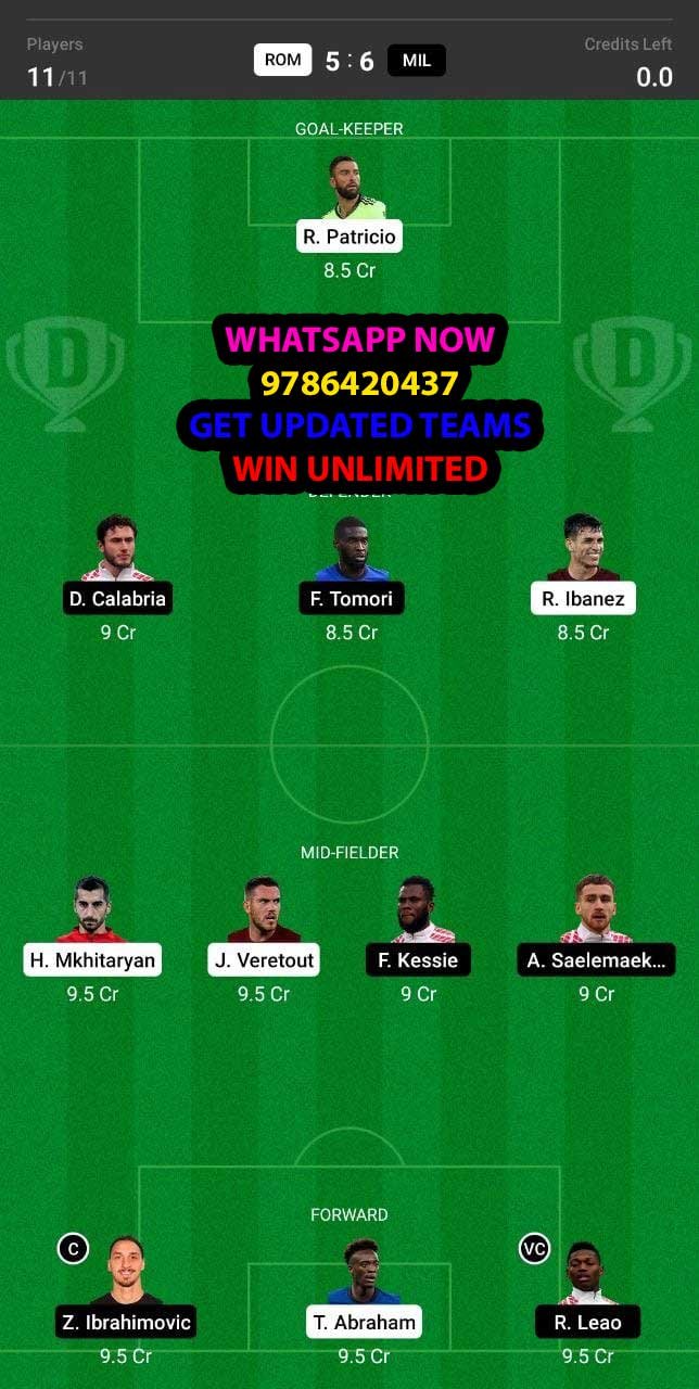 ROM vs MIL Dream11 Team fantasy Prediction Serie A