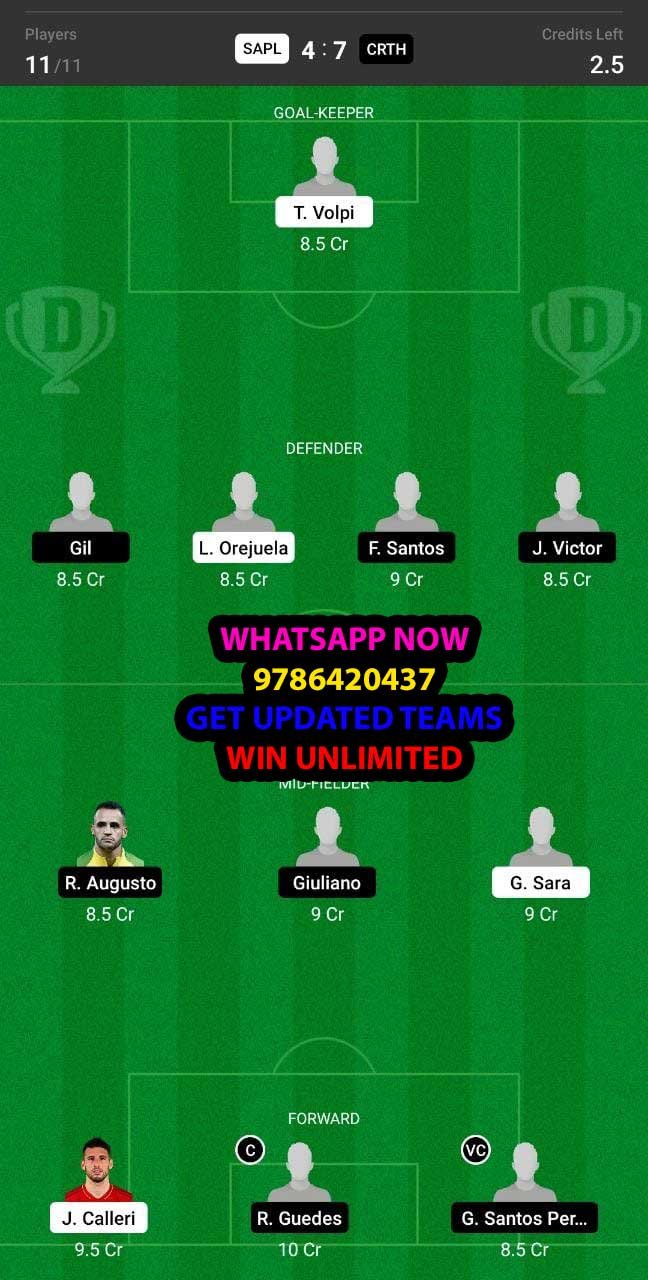 SAPL vs CRTH Dream11 Team fantasy Prediction Brazilian Serie A