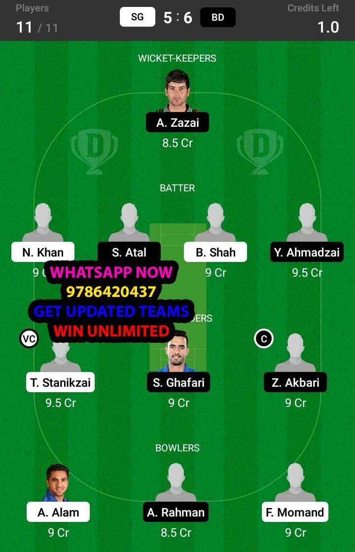 SG vs BD 8th Match Dream11 Team fantasy Prediction Afghanistan One Day Tournament