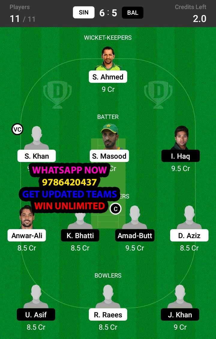 SIN vs BAL 29th Match Dream11 Team fantasy Prediction National T20 Cup