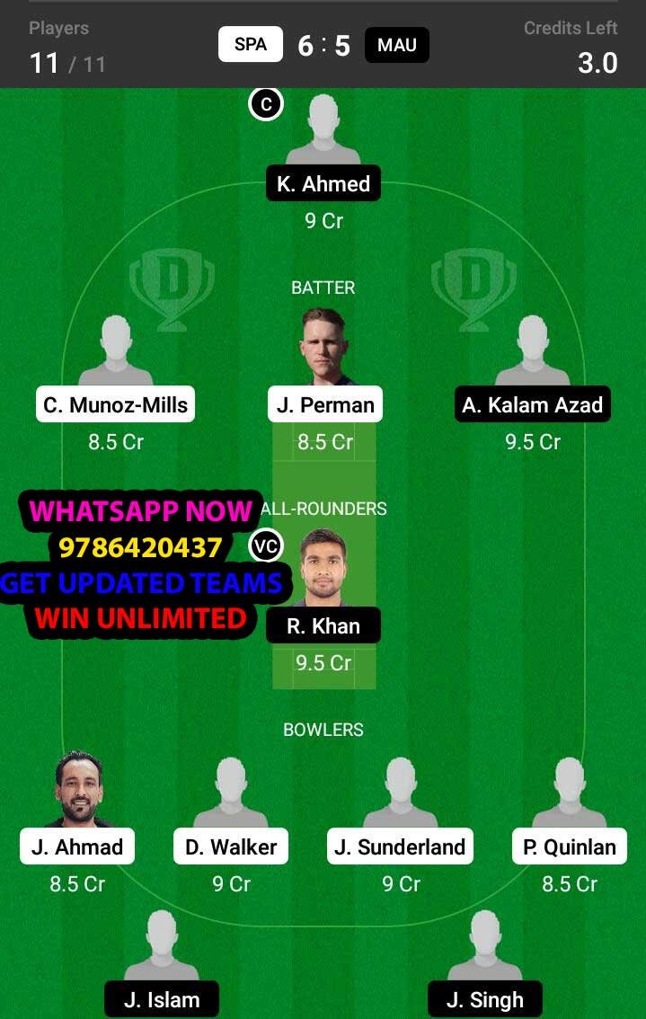 SPA vs MAU 9th Match Dream11 Team fantasy Prediction FanCode ECS T10 - L'Alfas del Pi