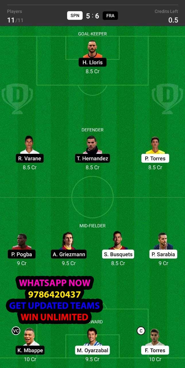 SPN vs FRA Dream11 Team fantasy Prediction Nations League